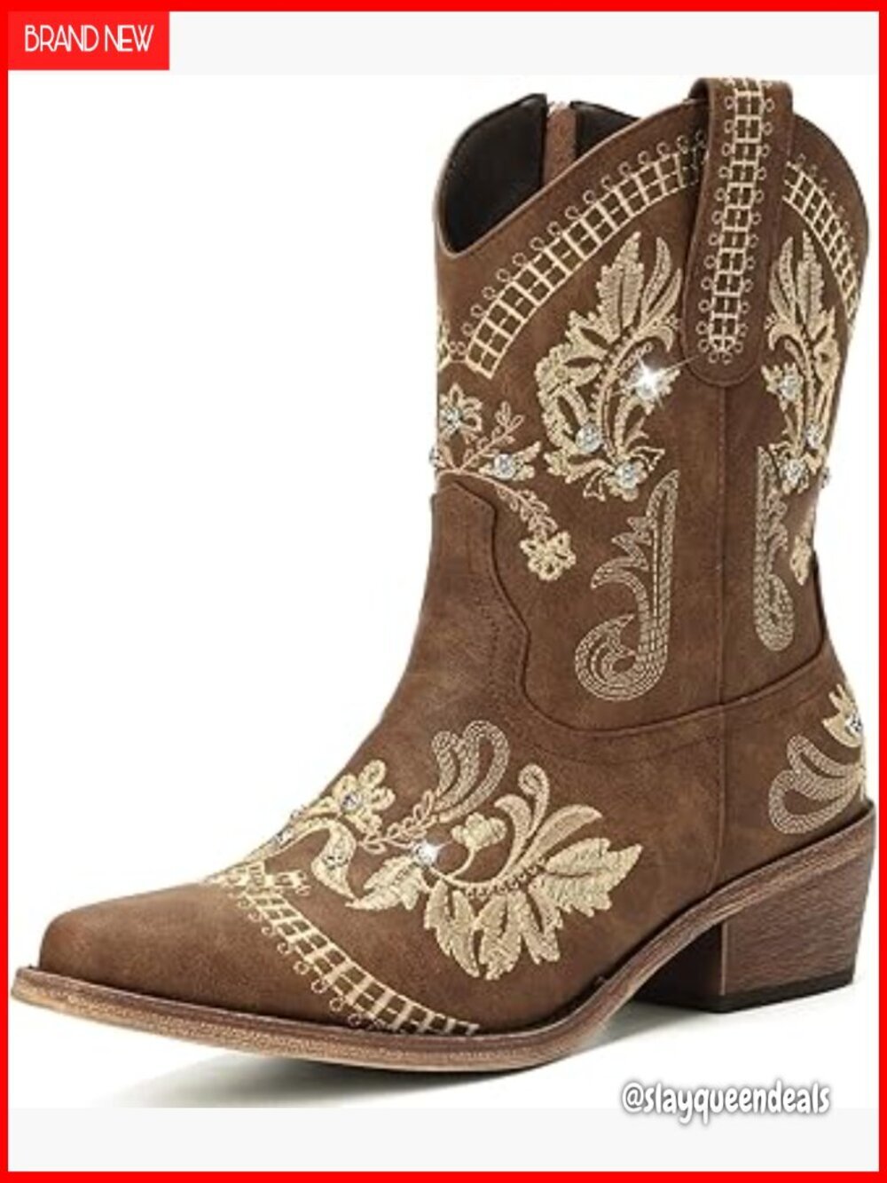 Western Cowgirl Boots with Rhinestone Embroidery Chunky Heel Ankle Booties